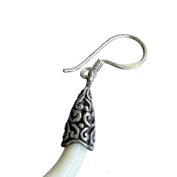 Hand-Carved White Earrings Sterling Silver Hooks & Intricate Design - Made In In - Picture 3 of 6